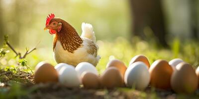 ai généré. ai génératif. biologique éco poulet coq et Oeuf à campagne ferme Contexte. graphique art photo