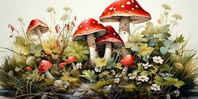 ai généré. ai génératif. dessiner peindre aquarelle esquisser champignons décoration Contexte Toile peindre. graphique art photo