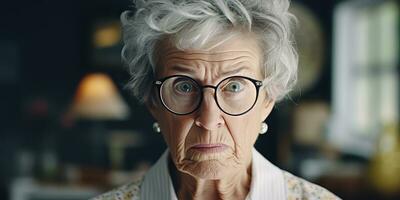 ai généré. ai génératif. vieux femme prof dans des lunettes à la recherche à caméra avec fou amusement portrait affronter. graphique art photo