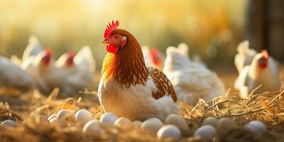 ai généré. ai génératif. biologique éco poulet coq et Oeuf à campagne ferme Contexte. graphique art photo