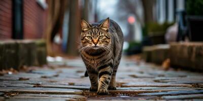 ai généré. ai génératif. un solitaire chat animal de compagnie en marchant rue ville Urbain Contexte. graphique art photo