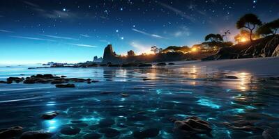 ai généré. ai génératif. nuit embrasé lumière éclat plancton mer océan Contexte. Marin nautique vacances île. graphique art photo