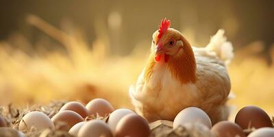 ai généré. ai génératif. biologique éco poulet coq et Oeuf à campagne ferme Contexte. graphique art photo