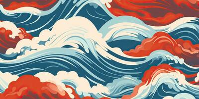 ai généré. ai génératif.vintage rétro vieux style tiré peindre mer océan rivière l'eau vagues dans minimal Japonais style. Marin et nautique illustration. graphique art photo