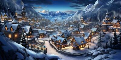 ai généré. ai génératif. dessin animé village Noël Noël Nouveau année neige Maisons Contexte. graphique art photo