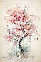 génératif ai, magnifique Japonais Sakura arbre, aquarelle peinture, ancien asiatique affiche photo