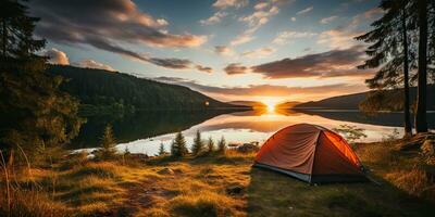 ai généré. ai génératif. camping relaxation temps tente à Lac magnifique paysage Contexte. aventure vacances rafting temps. graphique art photo