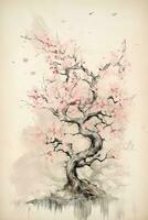 génératif ai, magnifique Japonais Sakura arbre, aquarelle peinture, ancien asiatique affiche photo