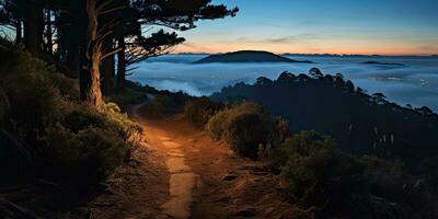 ai généré. ai génératif. Extérieur la nature Montagne Roche colline chemin façon par forêt à le coucher du soleil. aventure voyage explorer Voyage randonnée, graphique art photo