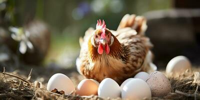 ai généré. ai génératif. biologique éco poulet coq et Oeuf à campagne ferme Contexte. graphique art photo