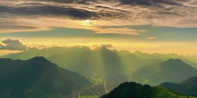 ai généré. ai génératif. Soleil ligh des rayons de le pourrait sur vert montagnes. Extérieur la nature aventure paysage Contexte. graphique art photo