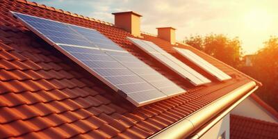 génératif ai, solaire panneaux sur bâtiment toit, nettoyer écologique électricité à coucher de soleil, renouvelable énergie concept photo