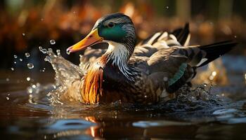 une magnifique Masculin colvert canard nager dans une tranquille étang généré par ai photo