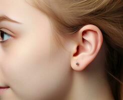 photographe de une enfant oreille. macro la photographie de le extérieur oreille. nettoyer Humain oreille proche en haut sur homme diriger. fermer de une fille oreille. établi avec génératif ai technologie. photo