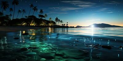 ai généré. ai génératif. nuit embrasé lumière éclat plancton mer océan Contexte. Marin nautique vacances île. graphique art photo