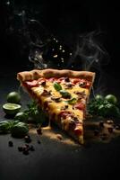 tranche de Pizza avec fromage, salami, tomates, poivre, épices et Frais basilic sur foncé Contexte. commercial promotionnel nourriture photo ai génératif