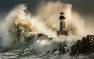 vagues s'écraser plus de une phare. établi avec génératif ai technologie. photo