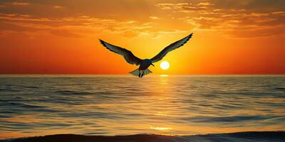 ai généré. ai génératif. beaufil mer nautique le coucher du soleil plage île avec mouette oiseau. graphique art photo