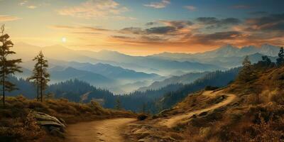 ai généré. ai génératif. Extérieur la nature Montagne Roche colline chemin façon par forêt à le coucher du soleil. aventure voyage explorer Voyage randonnée, graphique art photo