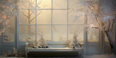 ai généré. ai génératif. Nouveau année Noël joyeux Noël Extérieur Accueil maison décoration fenêtre de face célébrer neige hiver décembre saison. graphique art photo