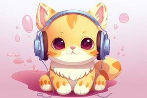 mignonne dessin animé chien dans écouteurs écoute à musique, mignonne kawaii chat avec écouteurs, ai généré photo