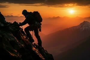 une 30s grimpeur Balance une montagne, silhouette par une étourdissant le coucher du soleil ai généré photo