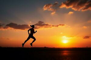 énergique mode de vie, coureurs silhouette contre vibrant le coucher du soleil incarne actif vitalité ai généré photo