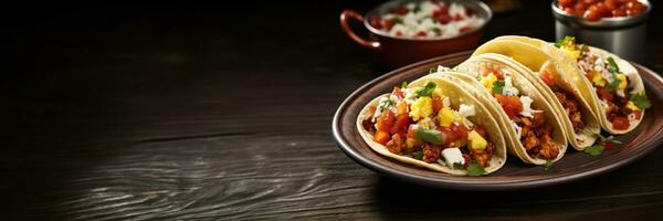 mexicain petit déjeuner tacos avec des œufs chorizo salsa sur une vibrant assiette photo