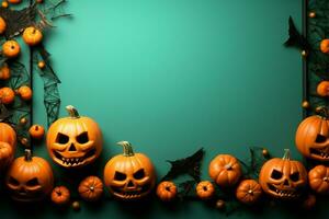 une Haut vers le bas vue de Créatif Halloween décor sur un Orange papier table Contexte ai généré photo