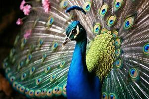 étourdissant Masculin paons queue plumes et Danse charme le observer femelle ai généré photo