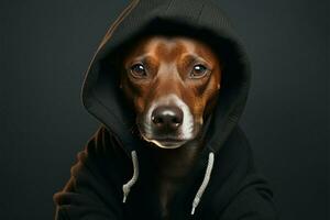 marron et blanc chien dans noir sweatshirt à capuche, méfiant encore contemplatif ai généré photo