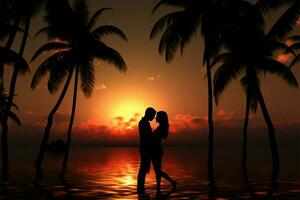 romantique duo encadré par paume des arbres, se prélasse dans couchers de soleil chaud embrasse ai généré photo