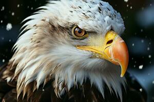 hivers la grâce brille dans le proche en haut portrait de une chauve Aigle ai généré photo