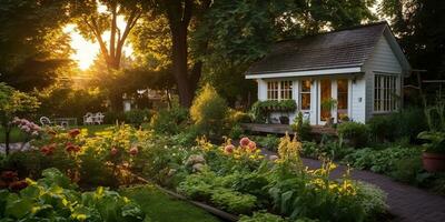 ai généré. ai génératif. la nature Extérieur extérieur maison jardin avec confortable table avec beaucoup les plantes fleurs. graphique art photo