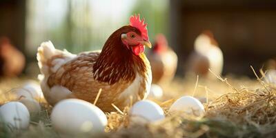 ai généré. ai génératif. biologique éco poulet coq et Oeuf à campagne ferme Contexte. graphique art photo