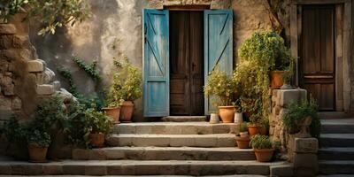 ai généré. ai génératif. vieux rétro ancien rue marcher dans L'Europe  village petit ville campagne décoration avec les plantes. graphique art photo