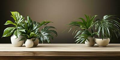 ai généré. ai génératif. vert Frais magnifique fleur les plantes sur en bois table et mur. moquer en haut décoratif modèle. graphique art photo