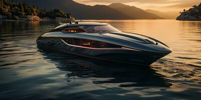 ai généré. ai génératif. coûteux riches Nouveau moderne futur fusée style moteur la vitesse bateau yacht bateau. nautique Marin mer océan vacances transport. graphique art photo