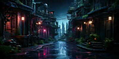 ai généré. ai génératif. traditionnel Japonais ville ville en marchant rue nuit la vie dans pluie temps. paysage urbain aventure Voyage explorer. graphique art photo