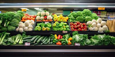 ai généré. ai génératif. Frais biologique éco nourriture régime des légumes sur marché boutique magasin étagère. en bonne santé brillant aliments. graphique art photo