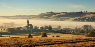 ai généré. ai génératif. magnifique la nature Extérieur paysage avec église sur une colline champ Prairie Contexte. graphique art photo