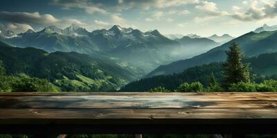 ai généré. ai génératif. en bois table la nature Extérieur forêt Montagne la nature paysage Contexte. graphique art photo