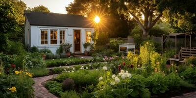 ai généré. ai génératif. la nature Extérieur extérieur maison jardin avec confortable table avec beaucoup les plantes fleurs. graphique art photo