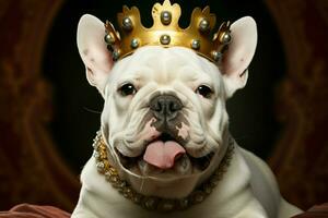 royal couronne orne un adorable blanc Anglais bouledogue chiot superbement ai généré photo