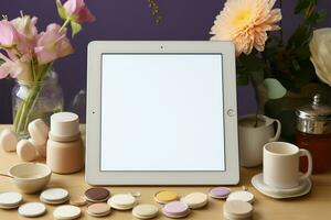 une tablette avec une blanc écran entouré par produits de beauté ai généré photo