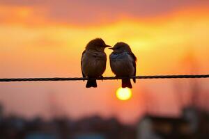 aimant oiseau couple silhouette sur fils contre une pittoresque le coucher du soleil ai généré photo