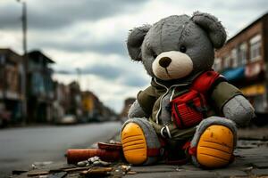 bien usé peluche abandonné sur rue, une testament à chéri souvenirs ai généré photo