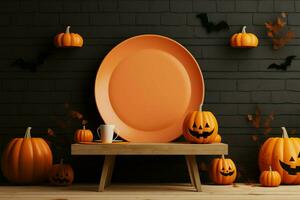 Cadre moquer en haut sur une Halloween décoré table avec jack o lanterne citrouille ai généré photo