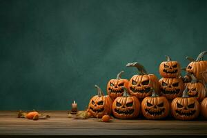 une rustique tableau sculpté citrouilles recueillir sur une en bois dessus de la table ai généré photo