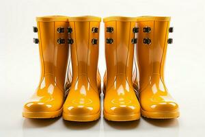 isolé chaussure, tableau de Jaune pluie bottes des stands en dehors contre blanc Contexte ai généré photo